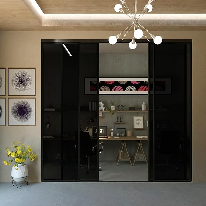 4 Panel Glass Room Divider and Sliding Glass Closet Doors - Smoked Frosted Partition Wall - Clear, Smoked and Frosted Glass Sliding Doors Options (Smoked Glass, 96x80)