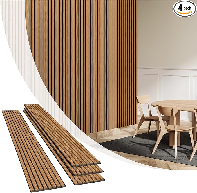 Olanglab Wood Slat Wall Panels 4 Pack, Wooden Acoustic Wall Panels, 94.5"x12.6" Each 3D Wall Panels for Interior Wall Decor (Cherry Toned-Extendo Trio)