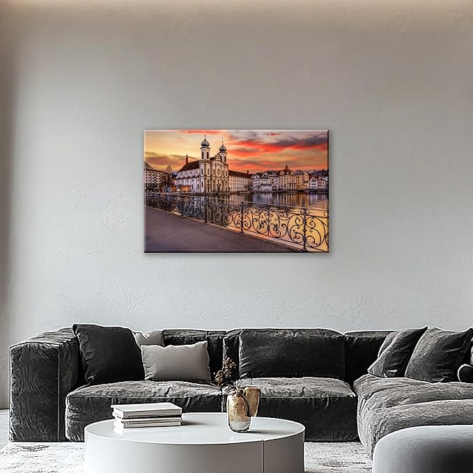 Mordern 1Pcs European Cityscape Canvas Wall Art Scenic Sunset Over River Cathedral with Domes Ready to Hang Architecture Romantic Travel Destination Decorative Framed Artwork for Living Rooms Bedrooms