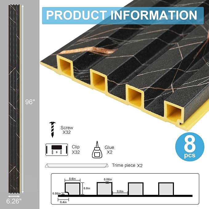 8-Pack WPC Slat Wall Panels - 3D Wall Panels, Water-Proof and Easy Installation, Accent Slat Wall Paneling for Living Room, Office,Granite, 96 x 6.6 Inch