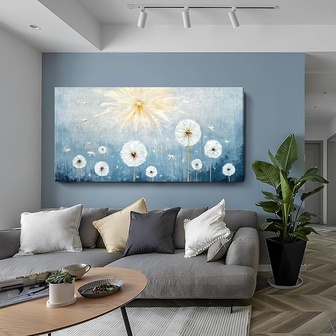 Nicetop Oversized Wall Art for Living Room – Extra Large Blue and White Floral Landscape Canvas Print, Botanical Wildflower Dandelion Picture, Nature Artwork for Big Bedroom Office Decor, 58x29 Inch
