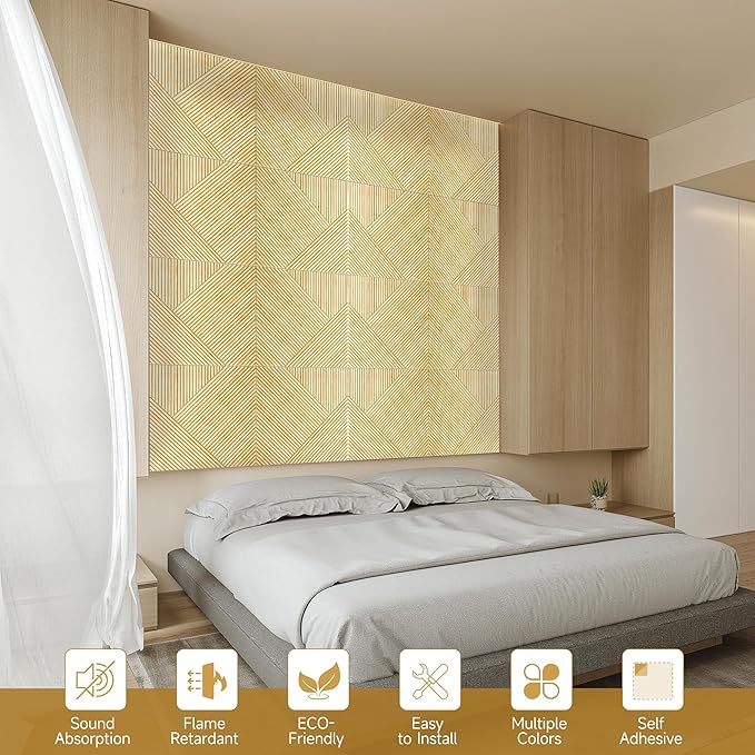 Acoustic Panels for Wall and Ceiling - 6 Pack 2'x2'x0.4",Self-Adhesive 3D UV Printing Decorative Wall Panels with Wood Look,Natural Oak