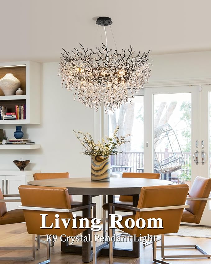 Modern Crystal Chandelier for Dining Room, 39.5" Black Tree Branch Chandeliers, 12-Light Luxury K9 Crystal Round Chandeliers for Kitchen Island Living Room