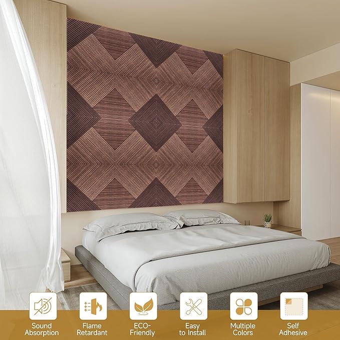 Acoustic Wall Panels,6 Pack Total Size 72 x 48 Inches,Self-Adhesive Decorative Acoustic Panels for Wall and ceiling,3D UV Printing with Wood Look,Red Sandalwood