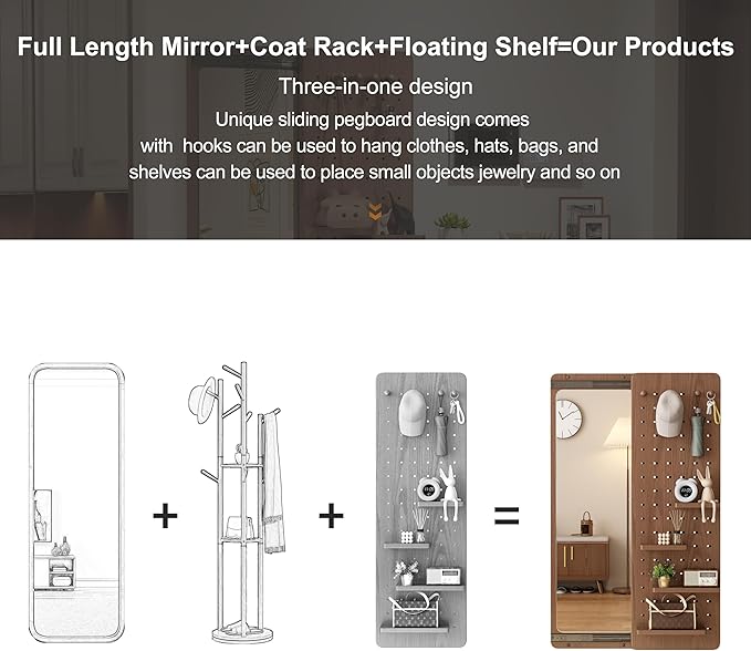 KungFuWood Full Length Mirror with Shelf and Hooks,Entry Way Mirrors for Wall,Wall Mirror with Shelf,Wall Mirror with Storage Multifunctional Design Panel,Living Room