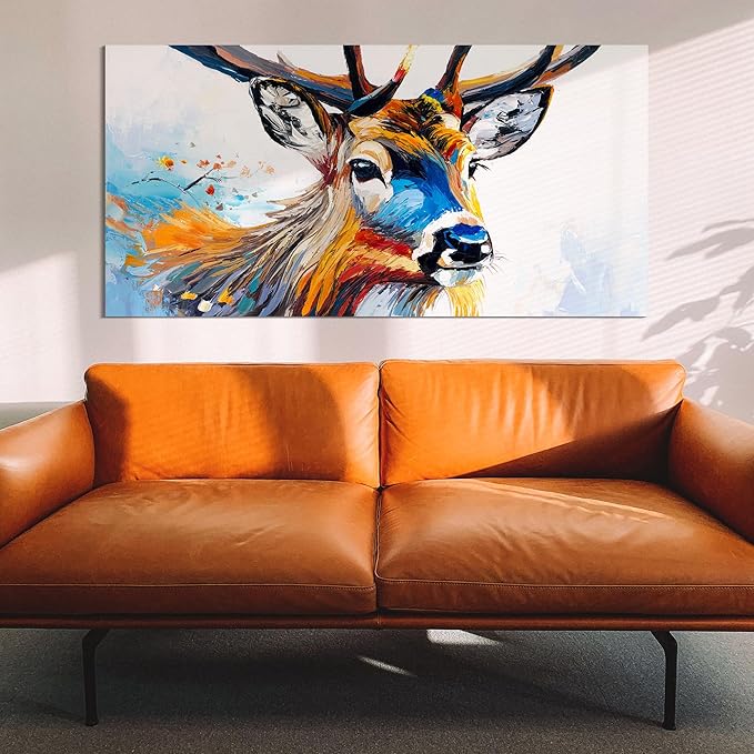 AmoyArt Deer Wall Art for Living Room, Animal Canvas Wall-Decor for Bedroom, Colorful Print Picture for Home, Large Size 58x29 Inches