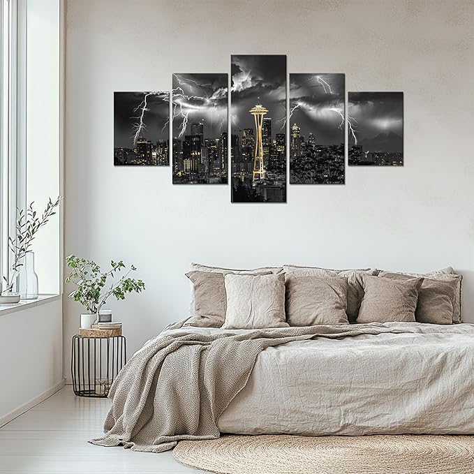Cawpom Seattle Wall Art Seattle Space Needle Picture Frame Lightning Strikes Storm City Wall Decor Black and White Gold Canvas Print Washington Painting Poster Home Decoration(60x32 inches)