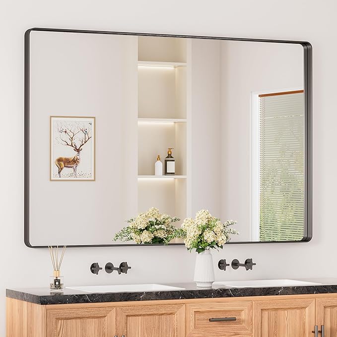 Keonjinn Black Bathroom Mirror for Over Sink, 60 x 40 Inch Large Rounded Rectangle Bathroom Vanity Mirror, Matte Black Farmhouse Wall Mirror, HD Tempered Glass, Seamless Aluminum Alloy Frame Mirror