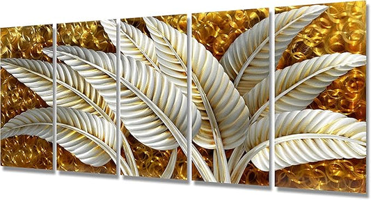 BATRENDY ARTS Silver Banana Leaves Metal Wall Art Decor Rustic Golden Aluminium Artwork Sculpture 5-panel Hand Polished Decorative Hangings for Livingroom Bedroom