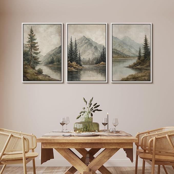 MUDECOR Framed Wall Art Print Set Mountain Landscape Nature with Trees, Lake, and Mountains, Rustic Illustrations Modern Art Decorative Colorful for Living Room, Bedroom, Office - 16"x24"x3 White