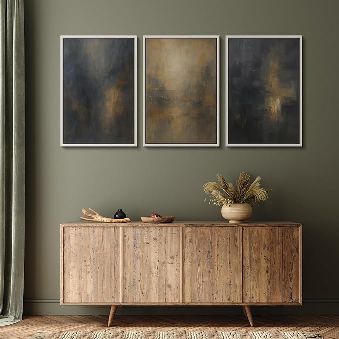 MUDECOR Framed Wall Art Print Set Dark Abstract Modern Contemporary in Navy Blue and Gold Brushstrokes Illustrations Modern Art Decorative Colorful for Living Room, Bedroom, Office - 16"x24"x3 White