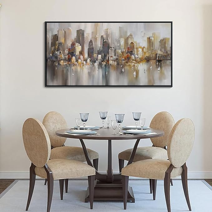 New York City Wall Art -Framed Modern Abstract Wall Art for Living Room, Office & Bedroom Cityscape & Paintings for Bedroom brooklyn bridge Pictures Wall Decor Chicago Artwork for Walls 24×48IN