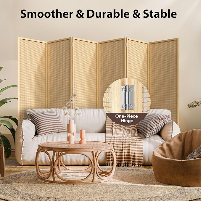 JOSTYLE Room Divider Folding Privacy Screen, 6 Panel Room Divider Screen - 6 ft. Tall Bamboo Divider Panel for Room Separation Freestanding Partition Wall, Beige