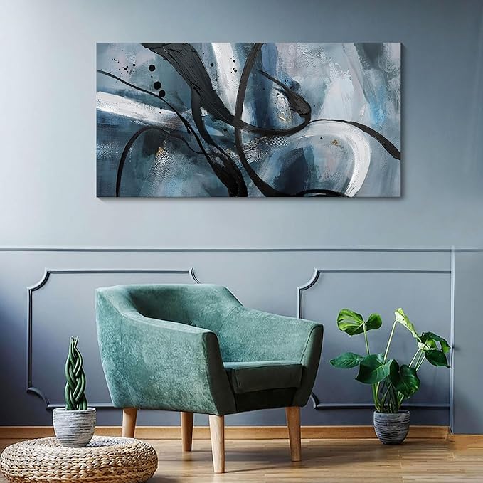 Abstract Canvas Wall Art Black And White Graffiti Lines Simple Art Modern Abstract Artwork Canvas Prints Canvas Picture Contemporary Wall Art Bedroom Living Room Office Decoration Framed 24x48 Inch