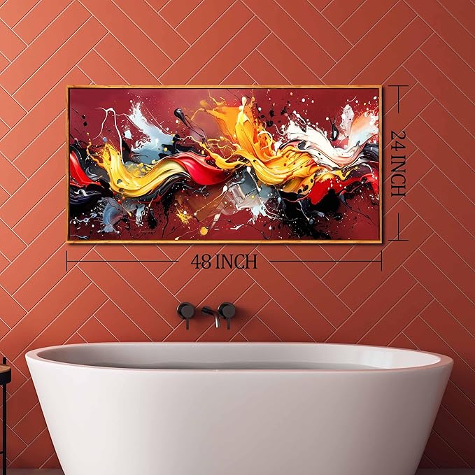 Ouzzlie Red Wall Art Gold Wall Decor Colorful Pictures Azure Blue Abstract Wall Art Decor 24"x 48" in Wall Paintings for Living Room