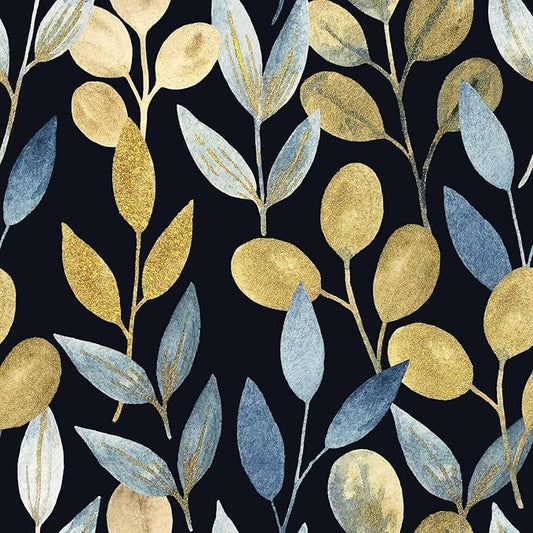 Blue Gold Leaf Peel and Stick Wallpaper Self Adhesive Dark Floral Waterproof Removable Contact Paper Wall Paper for Bedroom Bathroom Cabinets Drawers Wallpaper 17.7" x 70.8"