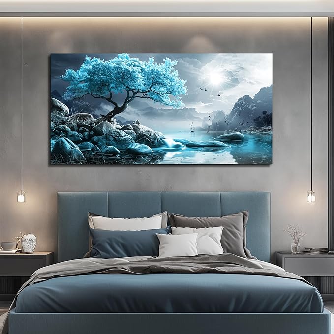 KELIYUAN Large Wall Art For Living Room Canvas Wall Decor Bedroom Blue Tree Landscape Wall Paintings Black And White Pictures Office Mural Framed Prints Artwork Modern Home Decorations 30x60in