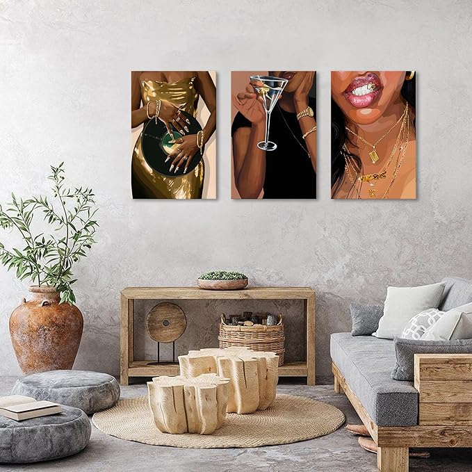 Large Abstract Black Girl Wall Art Living Room Decor Boho Trendy Woman Framed Canvas Vintage Fashion Female Poster Prints Modern Aesthetic Painting Picture for Bathroom Interior Decoration 24x36 3Pcs