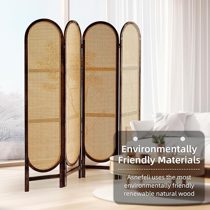 5.6 Ft Room Divider 4 Panel, Folding Privacy Screen, Rattan Room Divider, Foldable Wood Divider Panel, Portable Partition Screen, Wall Divider for Room Separation Home Office Garden-Brown
