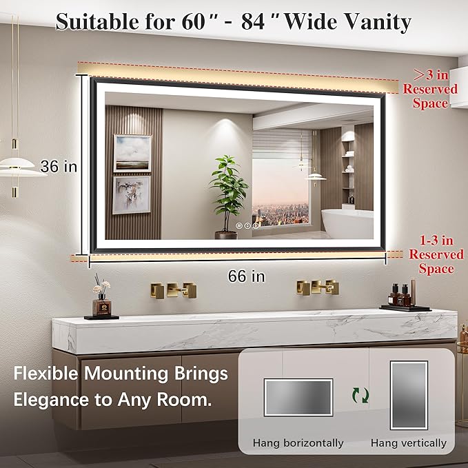 66x36 Black Framed Led Bathroom Mirror with Lights, Front Lit and Backlit, Lighted Vanity Mirror for Bathroom Wall, Anti-Fog, Dimmable, 3 Colors, Memory, HD Tempered Glass