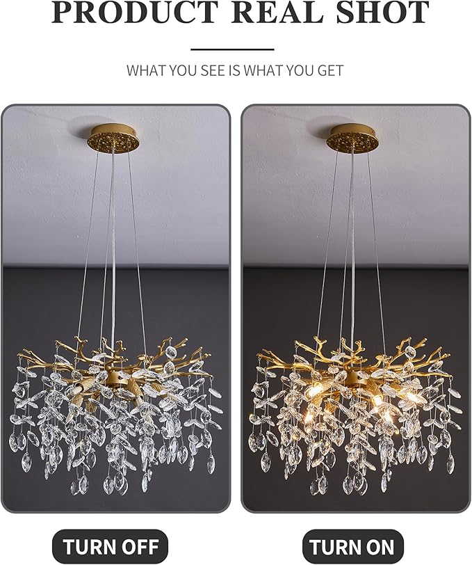 Modern Tree Branch Crystal Chandelier Luxury Gold Crystal Pendant Lighting 18" Contemporary 6-Light Chandeliers for Dining Room Kitchen Bedroom Living Room