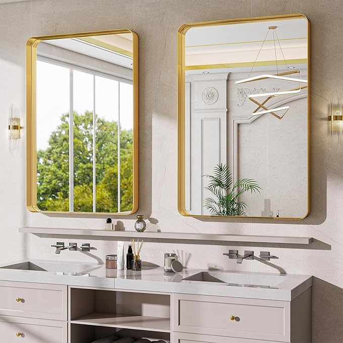 Bathroom Mirror Vanity for Over Sink Wall Mirror - 24x32 Inch Rounded Corner Rectangle Aluminum Frame Mirror,Hangs Horizontally or Vertically for Living Room Bedroom or Entryway Gold