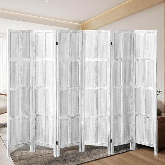 6 Panel Wood Room Divider Screen, 5.6 FT Folding Privacy Screen Room Divider, Partition Divider for Room Separation, Folding Wood Panel Wall Divider for Home Office Bathroom (Retro White)