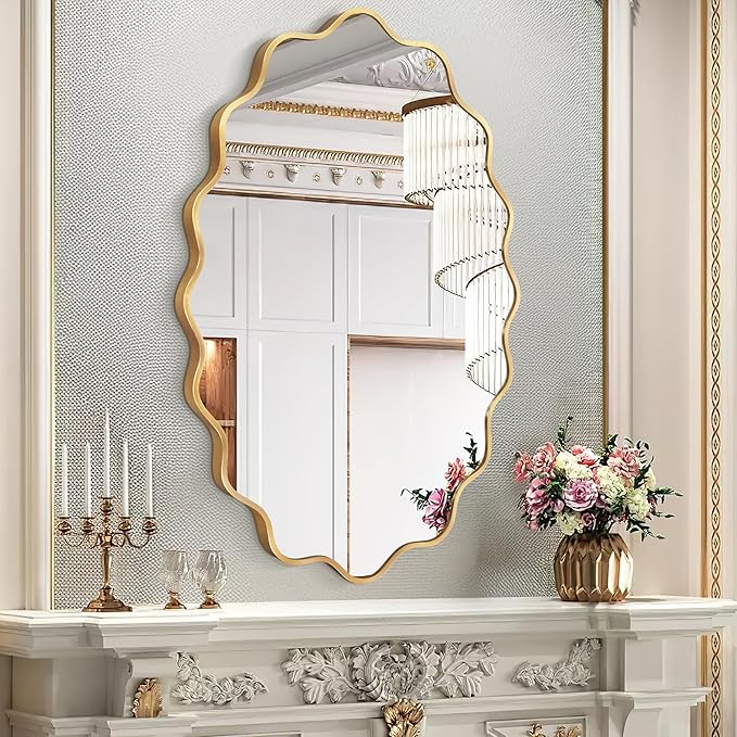 Oval Wavy Mirror - Irregular Wall Mirror 24"x36" Gold Asymmetrical Aviation Aluminum Alloy Frame for Bathroom, Bedroom, Living Room, Cloakroom, Entryway