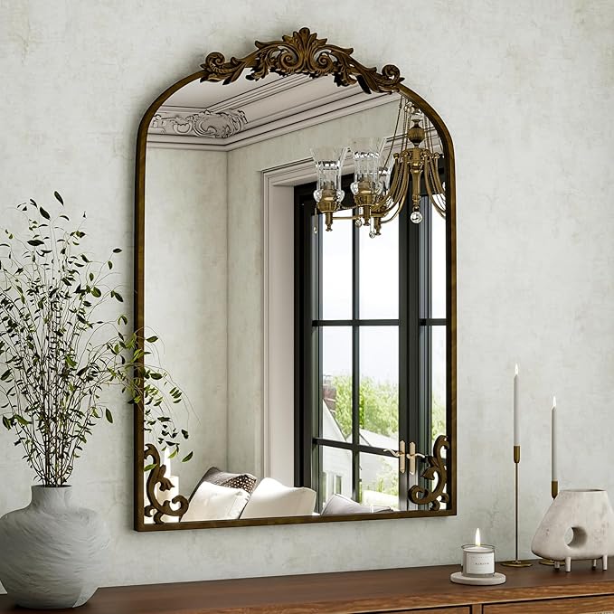 36"x 24" Arched Bathroom Mirror, Wall-Mounted Mirror with Carved Metal Frame & Bottom Art Carved, Vanity Mirror for Home Decor, Hanging Wall Mirror with Baroque Ornate Carved Accents, Vintage Bronze