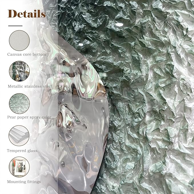 BrightA Embossed Metal Wave Wall Art - Hand-Painted Tissue Paper Gradient (Mist Green) and Silver 3D Wall Art, Contemporary Abstract Metal Sculpture for Living Room 27.5"x 39.4"