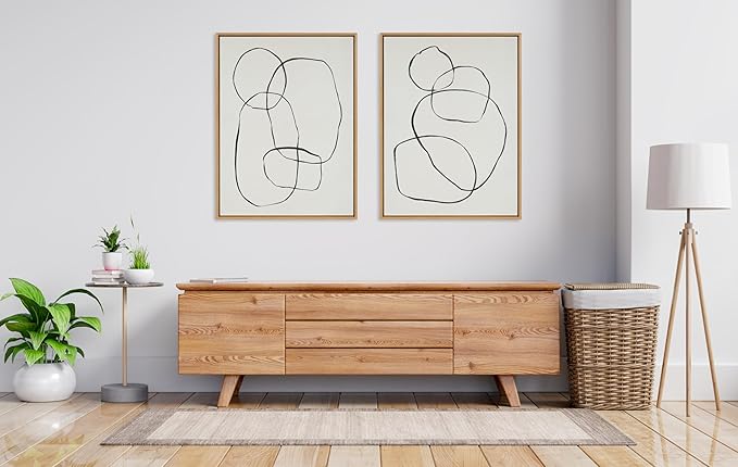Kate and Laurel Sylvie 871 Modern Circles and 869 Going in Circles Framed Linen Textured Canvas Wall Art Set by Teju Reval of SnazzyHues, 2 Piece Set 28x38 Natural, Modern Abstract Art for Wall