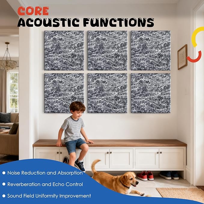 Acoustic Wall Panels 6 Pack, 24"x24"Decorative Art Soundproof Panels, Sound Absorbing Self-Adhesive Panel, Acoustic Treatment for Studio, Home Theater, Office (Storm AuraGrain)