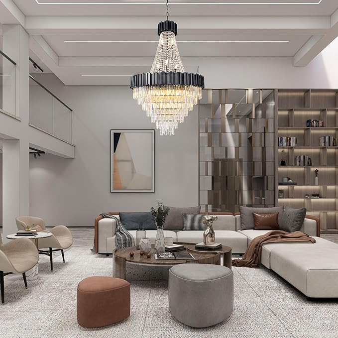 54" Long Crystal Chandelier for High Ceilings, 21-Light Modern Black Large Chandeliers for Staircase, Foyer, Entryway, Living Room, Hallway, Luxury Top K9 Crystal Tiered Ceiling Light Fixture