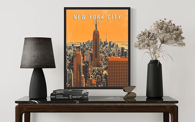New York Wall Art Poster Print, Vintage Retro Landscape Scenery Painting Artwork Travel Prints Decor Cityscape Landmarks Gallery 27 (New York, 11 x 14 inches, Black Frame)