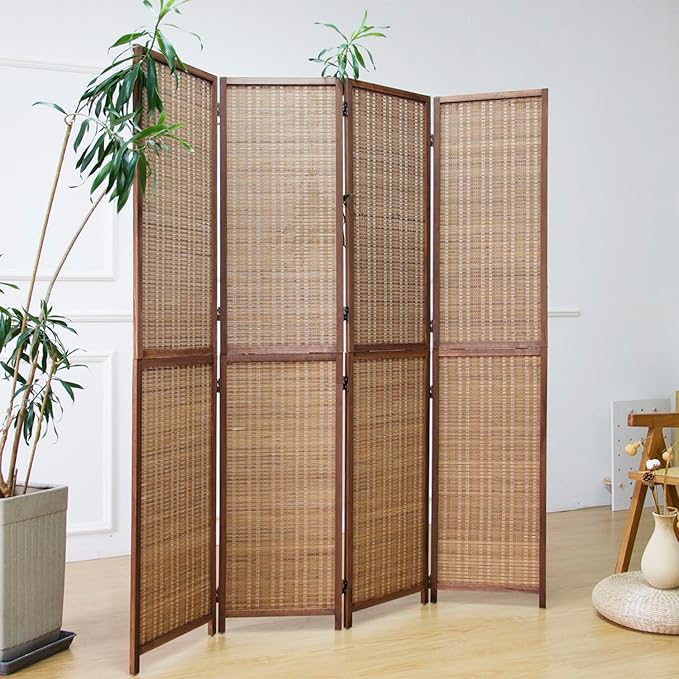 4 Panel Bamboo Room Divider and Folding Screen Divider,Two in One Detachable and Foldable Panel Divider for Room Separation,Brown,67" H x 61.4" W