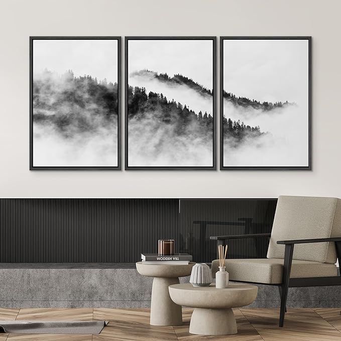 SIGNWIN Framed Canvas Print Wall Art Set Black & White Mountain Forest Valley Nature Wilderness Photography Modern Art Rustic Landscape Relax/Calm for Living Room, Bedroom, Office - 24"x36"x3 Black