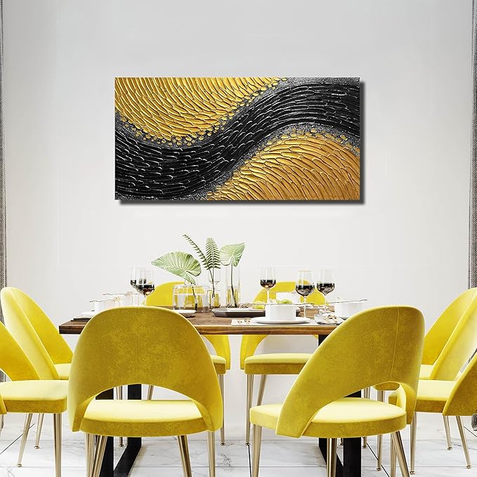 Abstract Painting Wall Art for Living Room Black and Gold Wall Art for Office 3D Textured Canvas Wall Decor for Bedroom Size 20 x 40 Inch