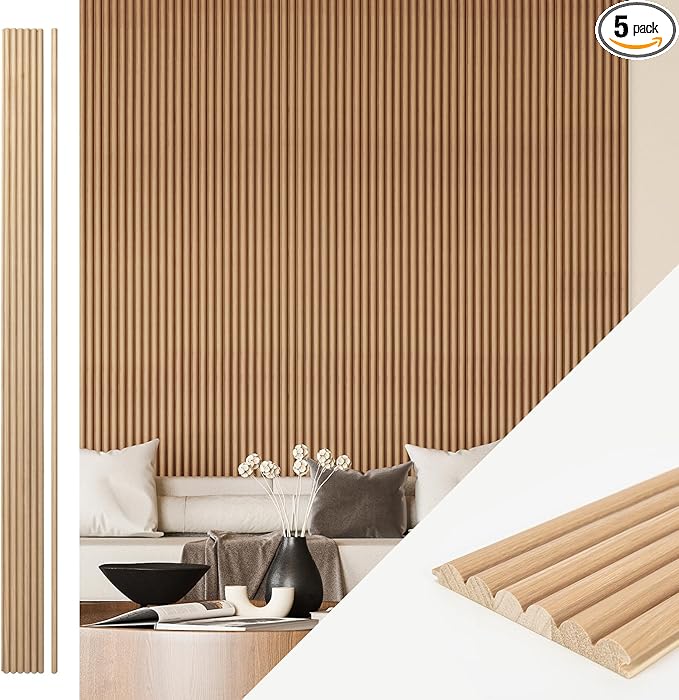 Art3d Fluted Wood Panel for Wall and Ceiling, Beaded Accent Molding for Home Decoration, Pack of 4pcs + 1pc End-Trim, Size 108 x 5.7in.- Beaded Oak