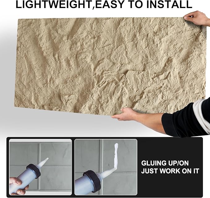 KASARO 3D Faux Stone Wall Panels, 4 PCS PU Wainscoting Panel for Interior Wall Decor, Cement Texture Thicker Accent for Home, Office, 43.3 × 23.6 inch, Golden Hemp