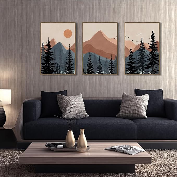 Boho Mountain Wall Art Framed Canvas Mid Century Nature Landscape Sunrise Theme Abstract Black Pines Tree Forest Wall Decor for Living Room, Bedroom, Office - 16x24 Inch, 3 Panels