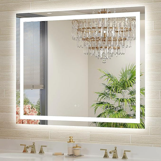 40x32 LED Bathroom Mirror with Lights, Front and Rear Lighting, Tempered Glass, Dimmable, Multiple Light Modes, Anti-Fog Lighted Bathroom Vanity Mirror for Wall, Memory Function
