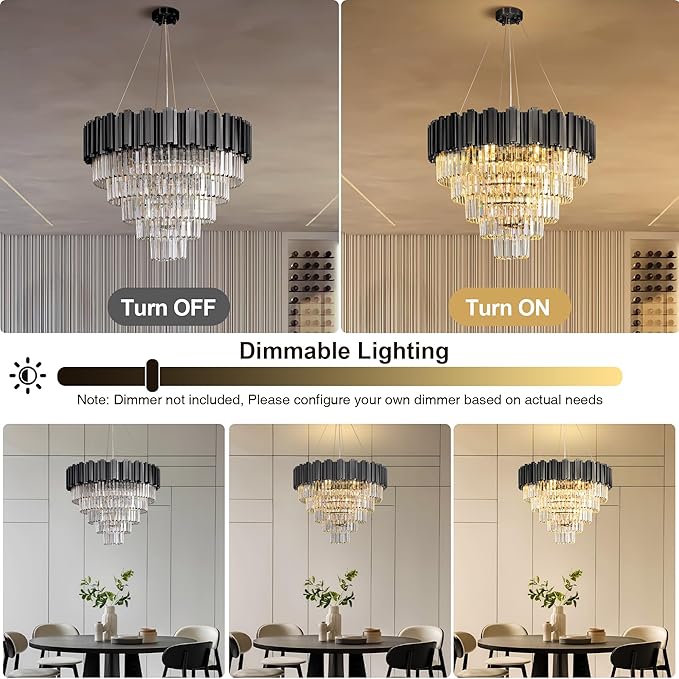 5-Tier 27.5" Black Chandelier, 9-Light Modern Crystal Chandelier, Luxury Round K9 Crystal Chandeliers Pendant Light Fixture for Dining Room, Living Room, Bedroom, Foyer, Entryway, Kitchen, Restaurant