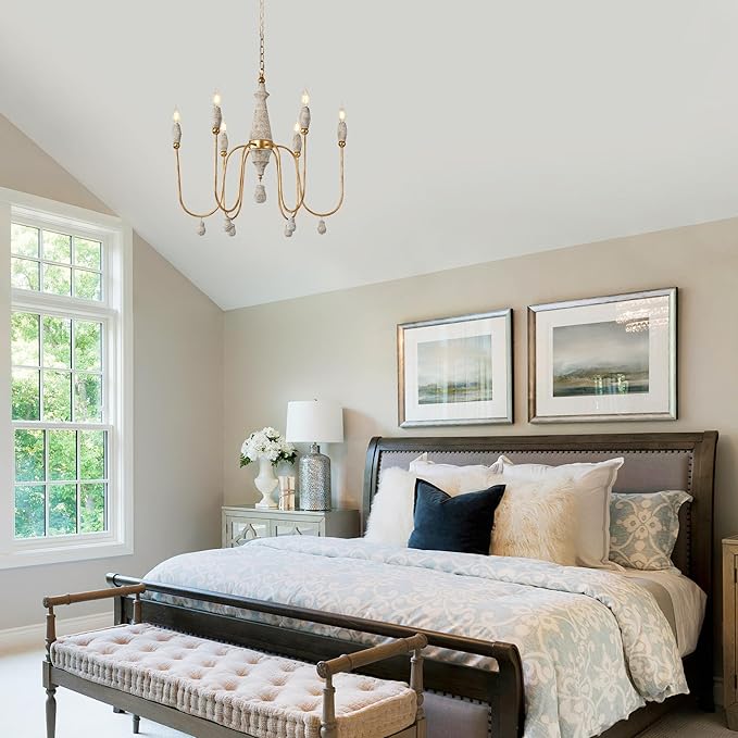 28.5" French Country Chandelier, 6-Light Farmhouse Dining Room Light Fixtures Over Table, Vintage Antique Wood Chandelier for Bedroom Kitchen Island Entryway Living Room Office