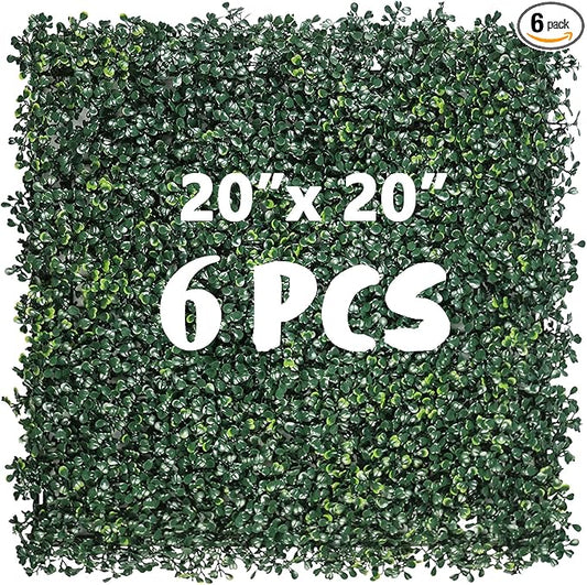 6PCS 20"x 20" Artificial Boxwood Wall Panels, UV-Anti Grass Wall Hedge Plant Panels for Indoor Outdoor Green Wall Decor Ivy Fence Covering Privacy