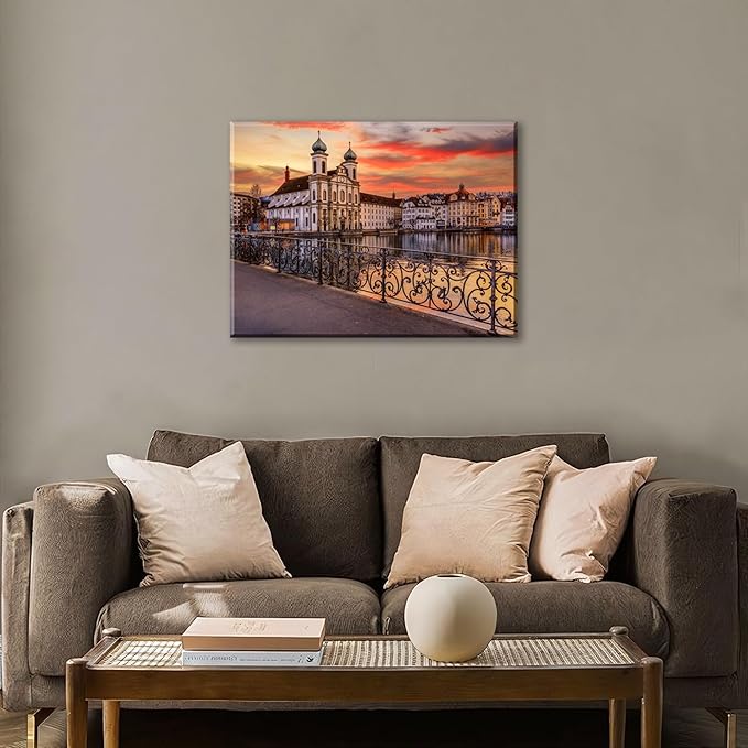 Mordern 1Pcs European Cityscape Canvas Wall Art Scenic Sunset Over River Cathedral with Domes Ready to Hang Architecture Romantic Travel Destination Decorative Framed Artwork for Living Rooms Bedrooms
