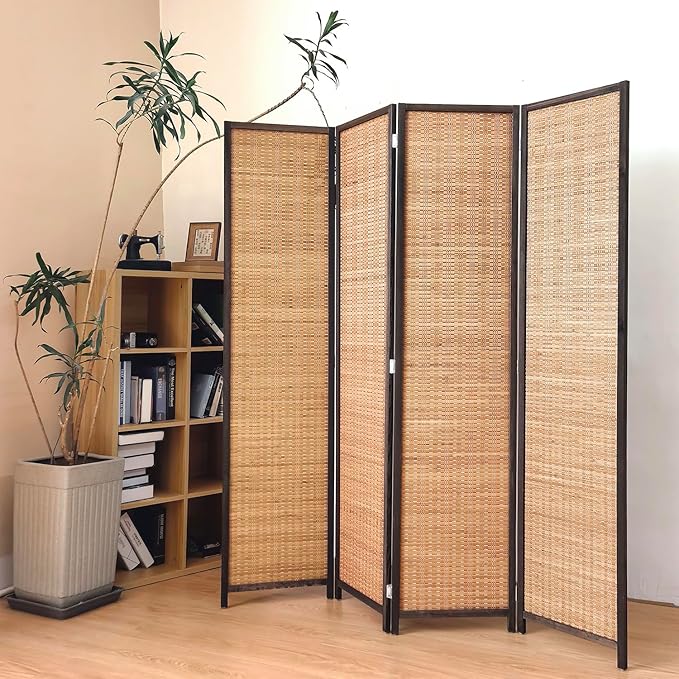 4 Panel Room Divider Screen,5.6 FT Tall Bamboo Panel Divider Folding Privacy Screen,Freestanding Room Divider for Room Seperation,Brown