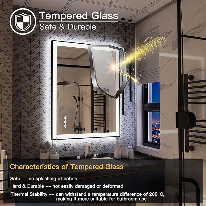 LED Bathroom Mirror 36x28 with Backlit and Front Lighted, Framed Dimmable Illuminated Mirror for Wall Anti-Fog Shatterproof (Horizontal/Vertical)…