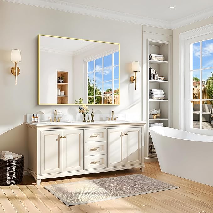 40x48inch Gold Bathroom Mirror, Silver Rectangle Mirror with Frame, Large Rectangular Wall Mirrors for Bathroom, Living Room, Hair Salon, Big Farmhouse Mirror Hang Horizontal/Vertical