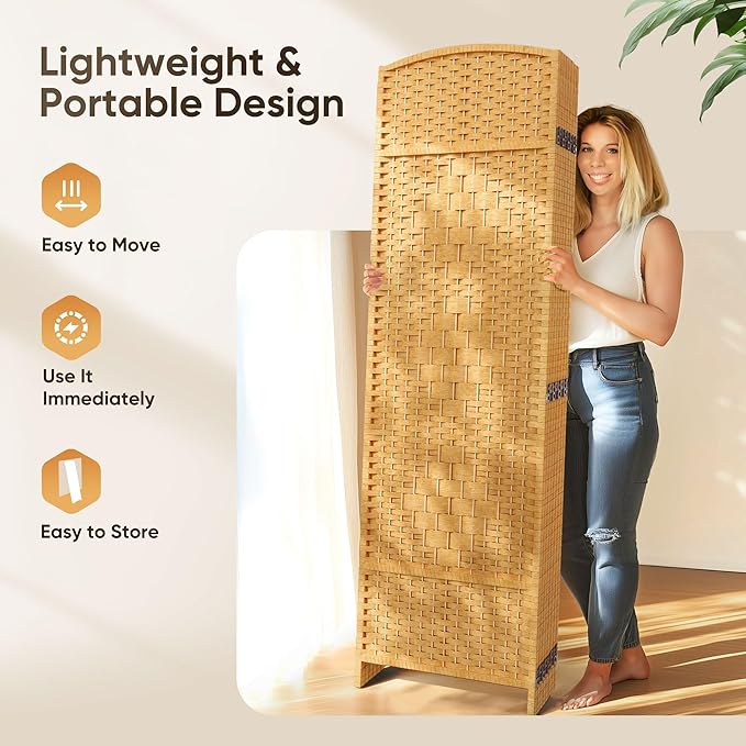 JOSTYLE Room Divider 6ft. Tall Extra Wide Privacy Screen, Folding Privacy Screens with Diamond Double-Weave Room dividers and Freestanding Room Dividers Privacy Screens(Yellow, 8-Panel)