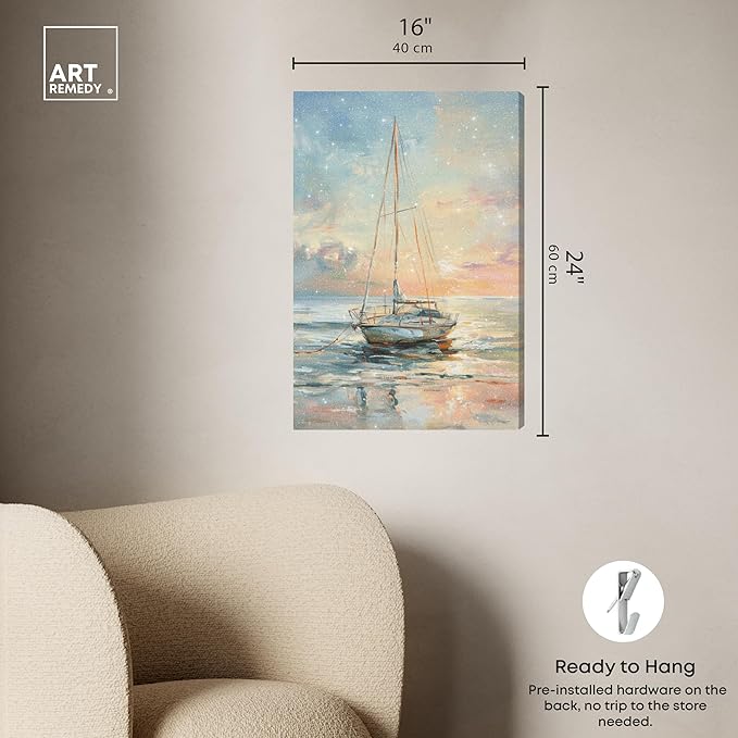 Art Remedy Boat On The Shore Gallery Wrapped Sailing 1 Piece Canvas Wall Art, 16" x 24", Gallery Wrapped